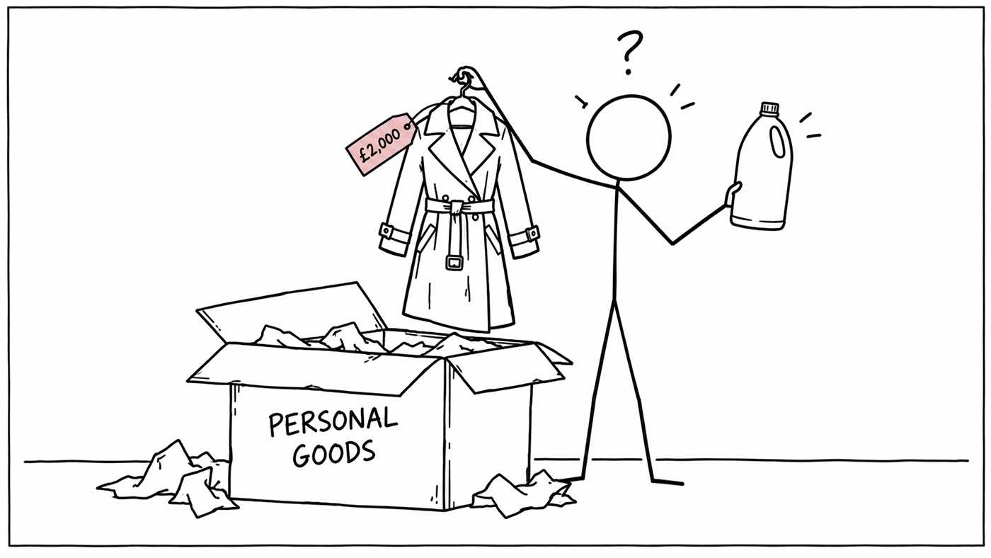 A cartoon of an open cardboard box labelled Personal Goods. A puzzled stick figure holds up an elegant trench coat with a pink price tag reading £2,000 in one hand and a plain bottle of bleach in the other.